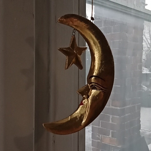 Vintage Hanging Gold Moon and Star Wood Ornament Handmade - Picture 2 of 7